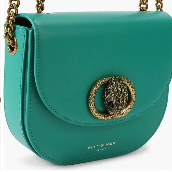 ✨Kurt Geiger NWT Chelsea Teal Leather Saddle Crossbody, Brass Chain, KG dustbag - Picture 8 of 15